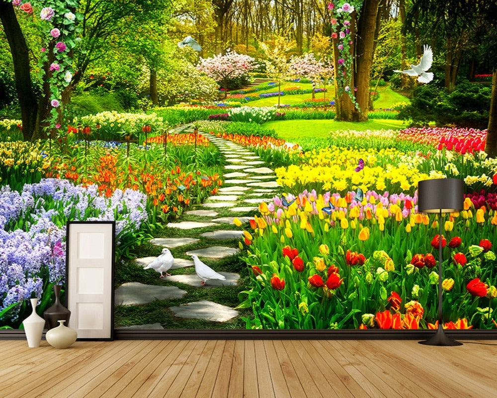 3D Wallpaper Flower Garden Path